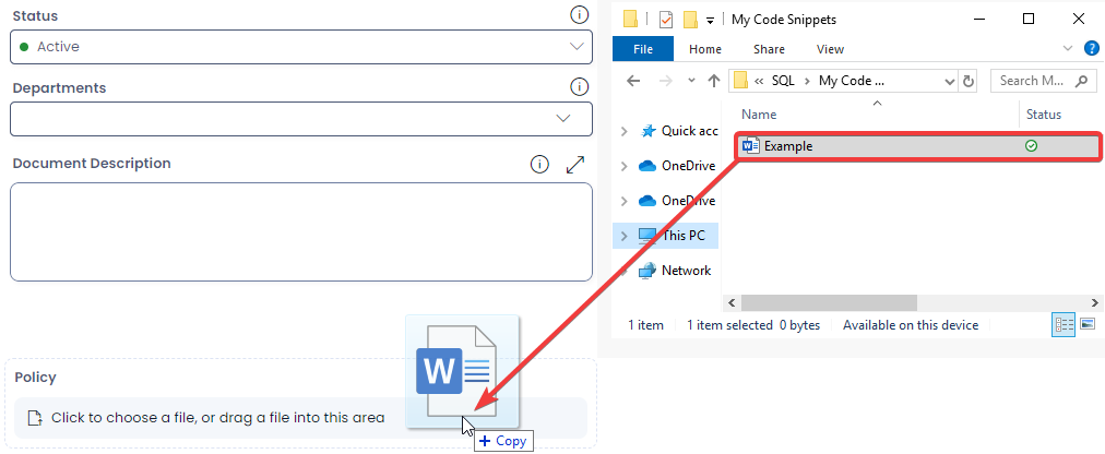 A screenshot that demonstrates how a user can drag a file from Windows Explorer (or a similar program on Max or Linux). The file can then be &quot;dropped&quot; onto the Embedded Files component.